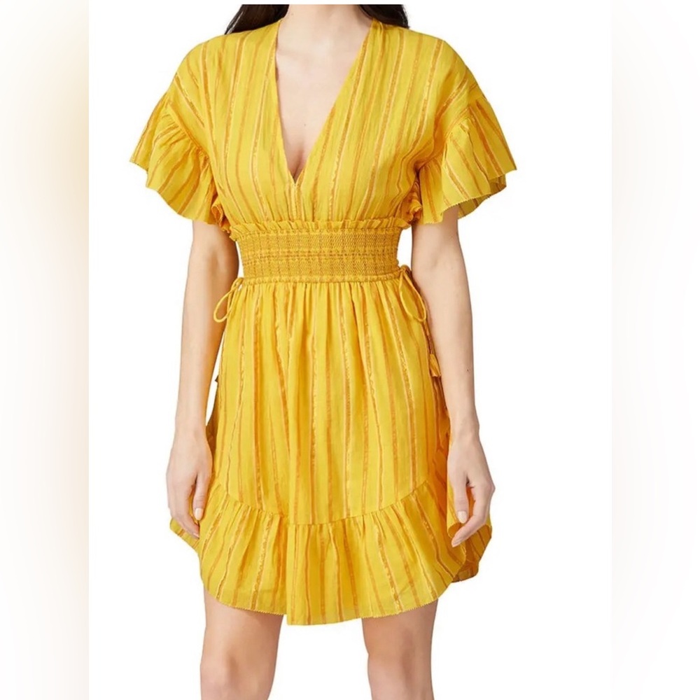 SAYLOR Adrianne ruffle sleeve mini dress- bright yellow with gold detailing.
